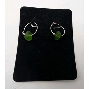 Sterling Silver Green Sea Glass Hoop Earrings - Dainty Beach Jewelry - 925
